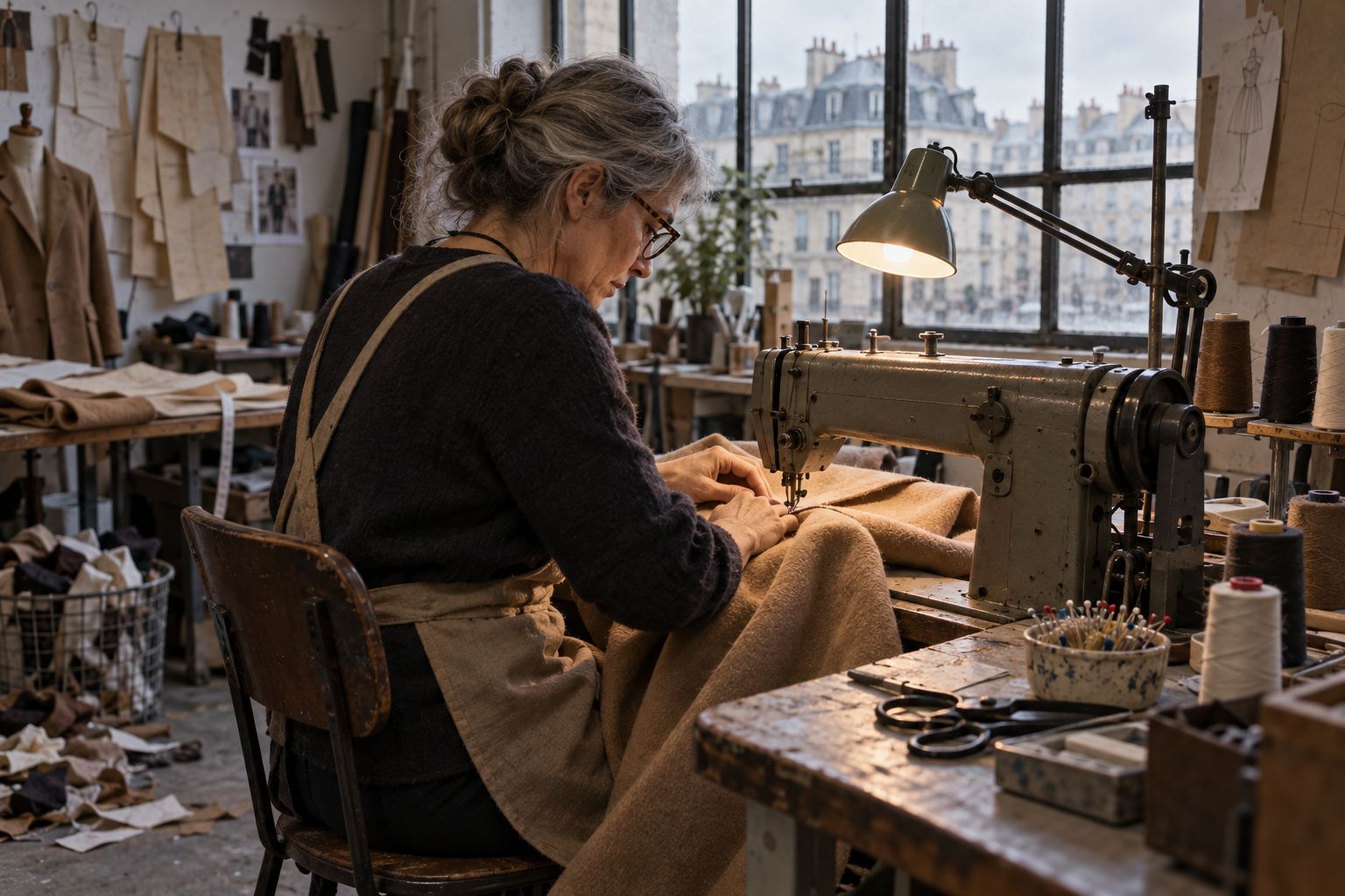Une couturière guide un drap de laine camel sous l'aiguille d'une machine industrielle dans l'atelier