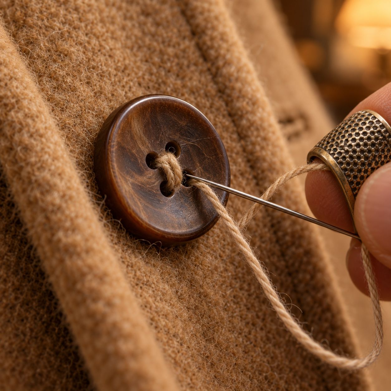 Gros plan sur un bouton en corozo cousu à la main sur un manteau camel