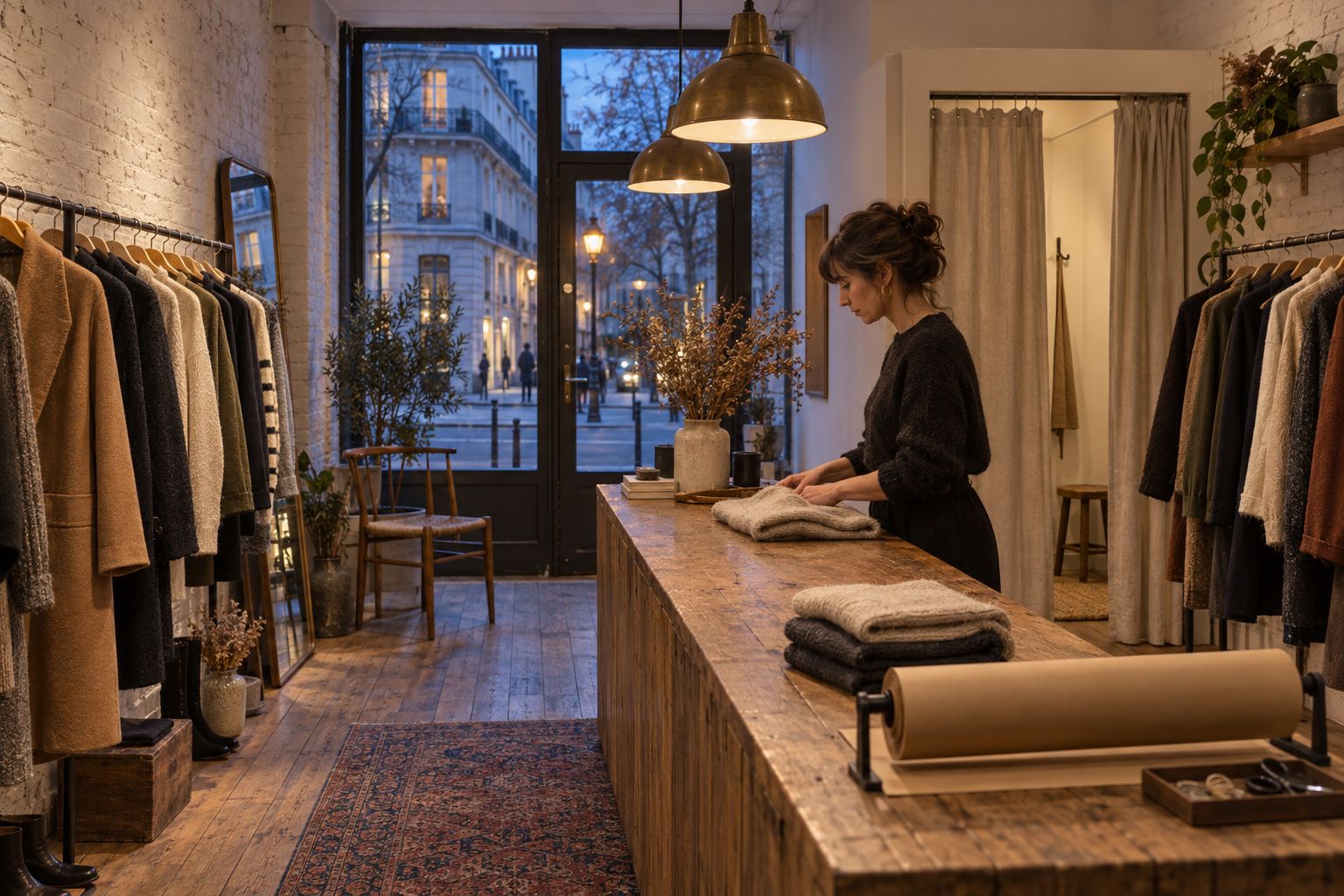 Intérieur de la boutique-atelier rue de Charonne, portants de manteaux et comptoir en bois