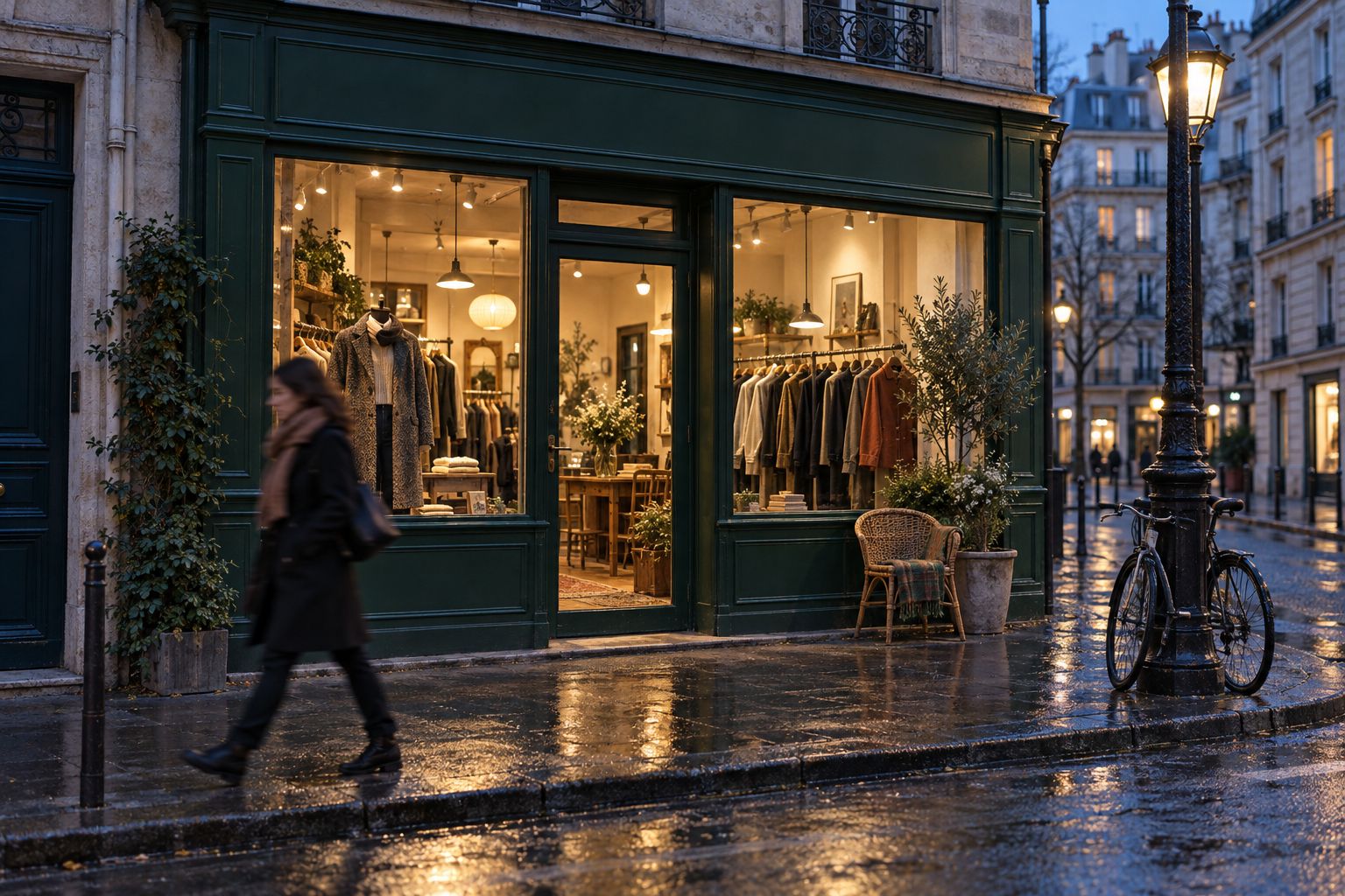 La devanture vert sapin de la boutique Maison La Biche à la tombée de la nuit, rue de Charonne