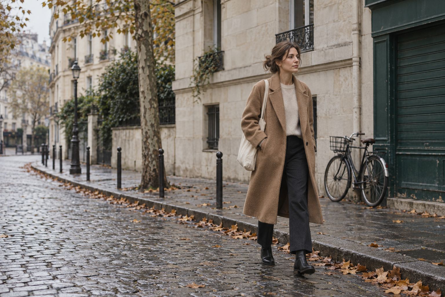 Une femme marche dans une rue pavée du 11e arrondissement, vêtue du manteau Odette camel et d'un pull écru