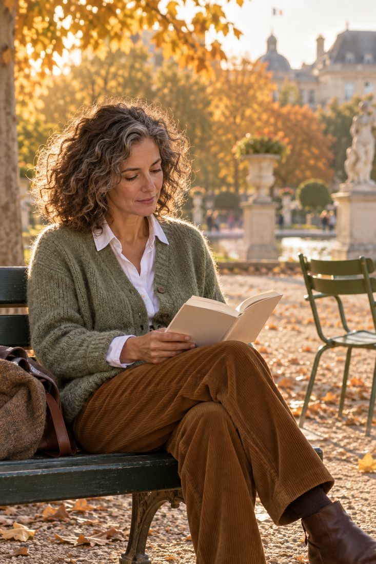 Femme lisant sur un banc de jardin en cardigan vert sauge et pantalon en velours tabac