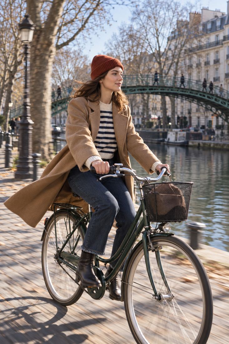 Jeune femme à vélo le long du canal en manteau camel, marinière et bonnet rouille