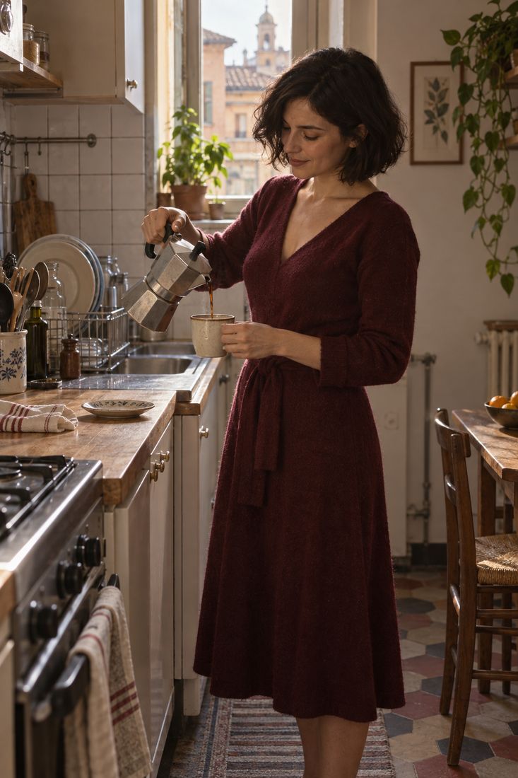 Femme en robe de laine bordeaux servant un café dans sa cuisine