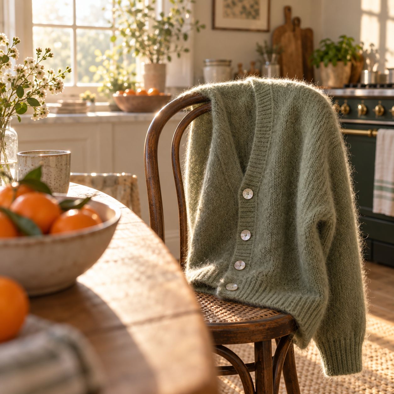 Cardigan Suzanne, vert sauge, Alpaga brossé et laine, 70/30