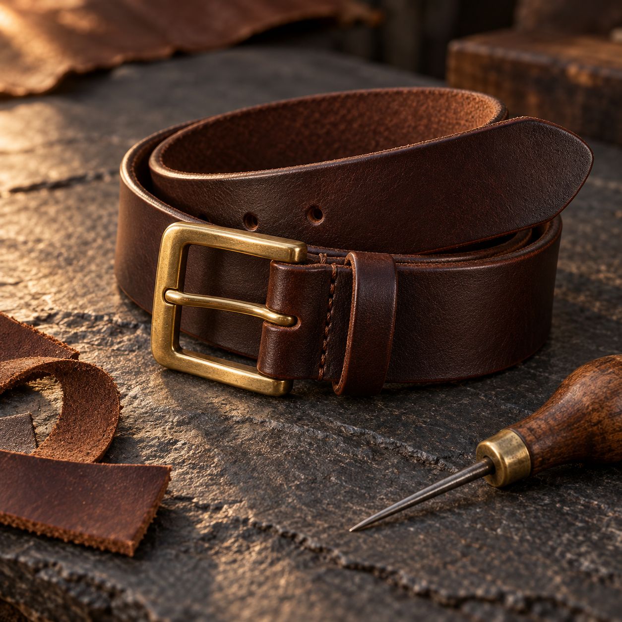 Ceinture Basile, brun foncé, Cuir de vachette tannage végétal
