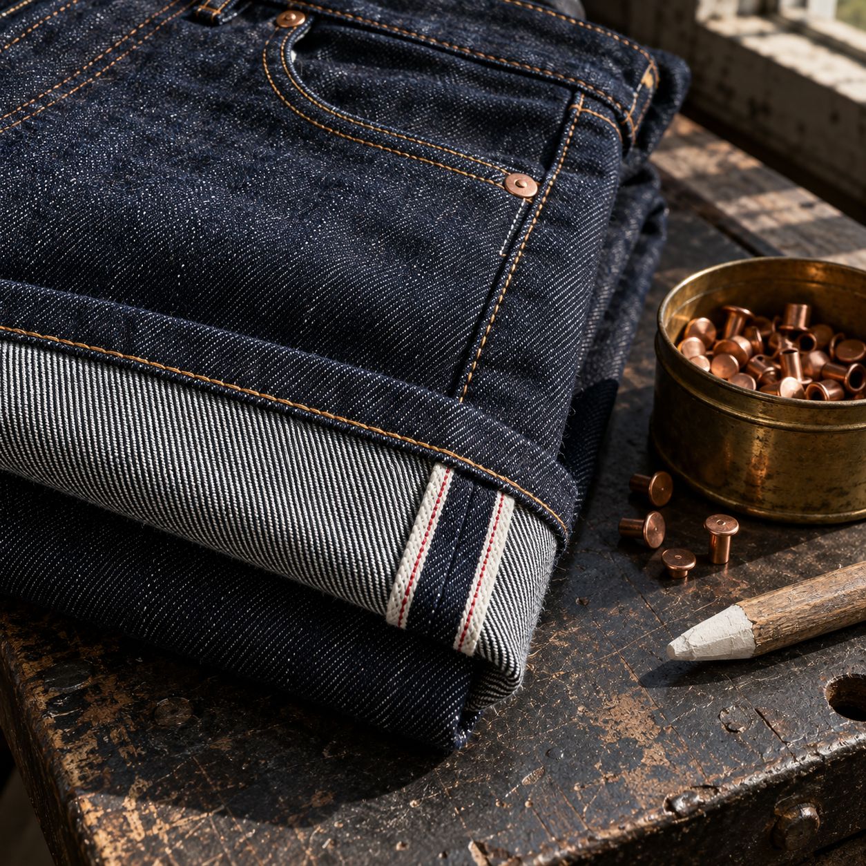 Jean 1947, indigo brut, Denim selvedge brut 14 oz