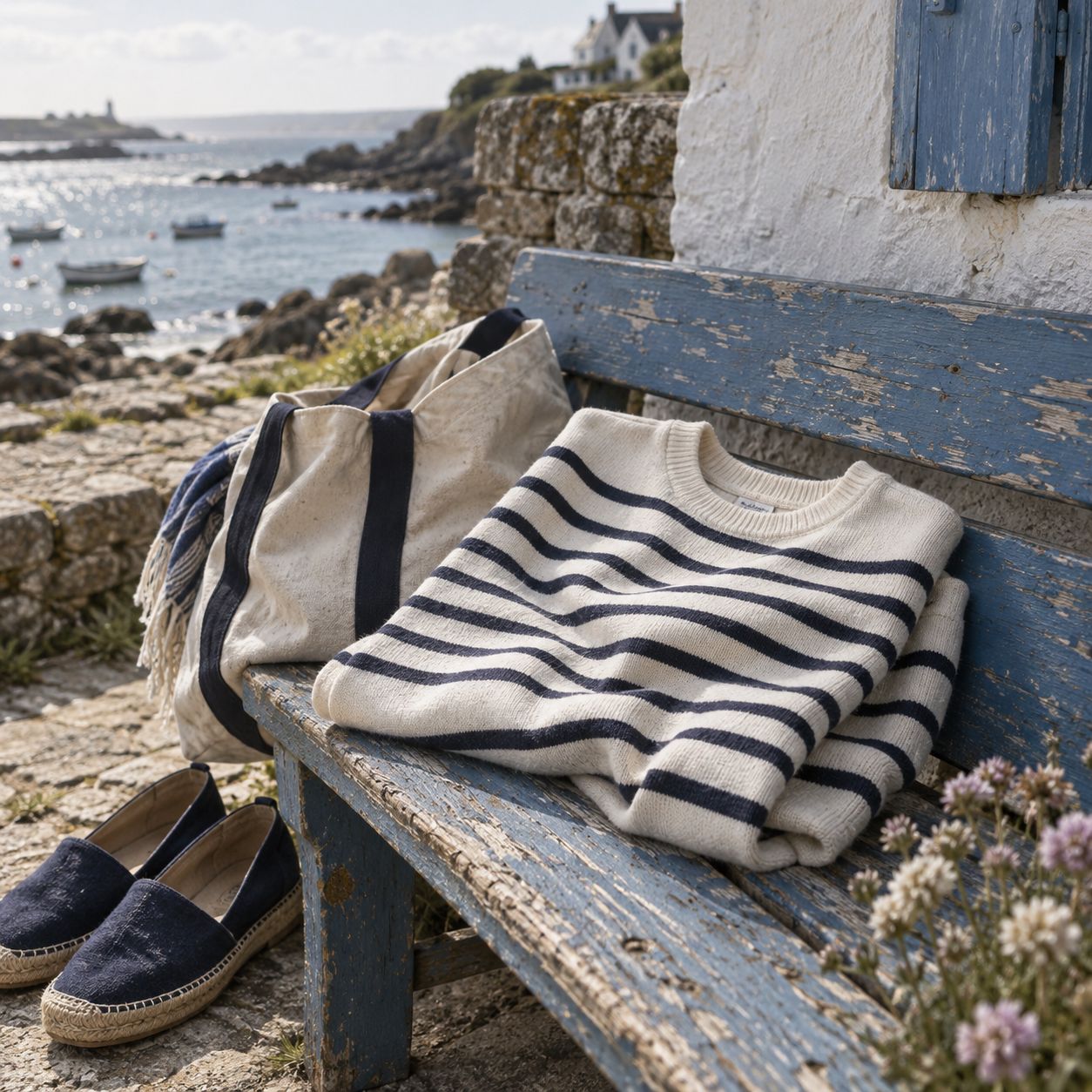 Marinière Yves, écru rayé marine, Jersey de coton biologique épais