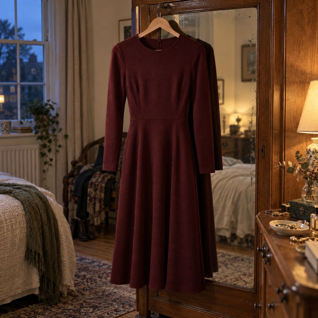 Robe Colette, bordeaux, Laine fine bouillie, 100 % laine