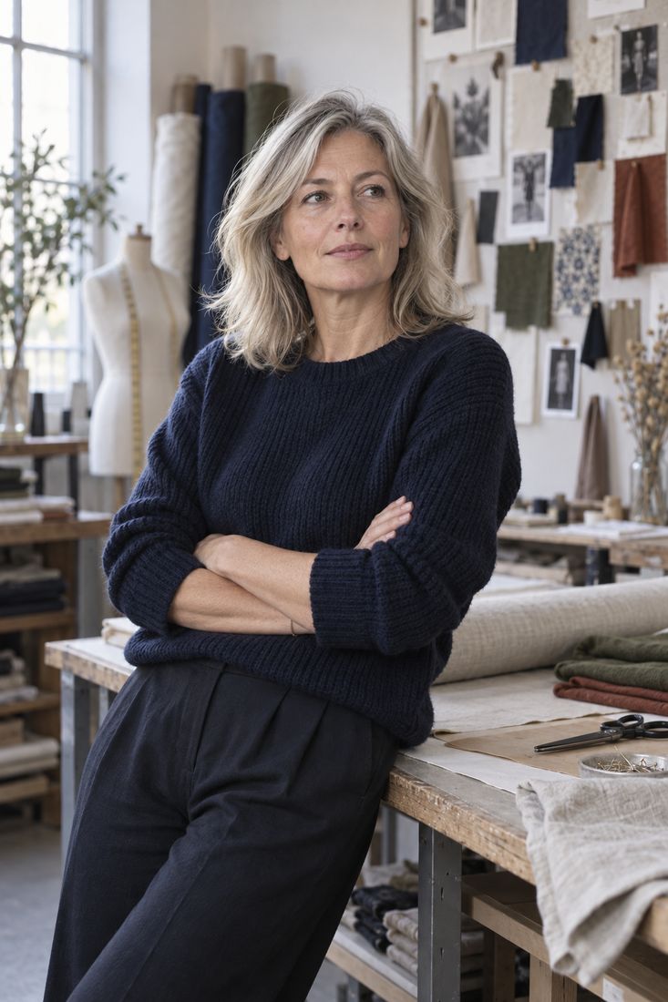 Portrait de Claire Moreau dans l'atelier, appuyée contre la table de coupe