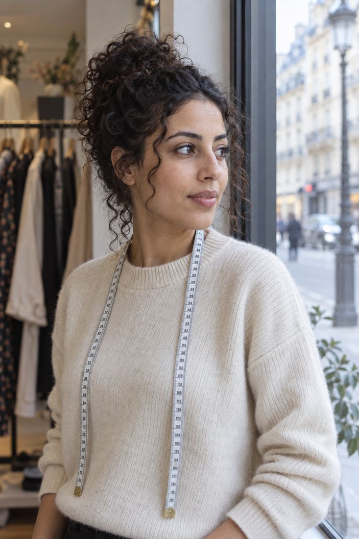 Portrait de Nadia Benali, mètre ruban autour du cou, près de la vitrine de la boutique